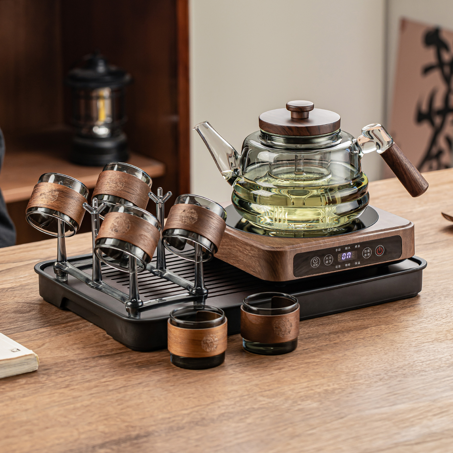 方形木纹电陶炉玻璃茶壶泡茶专用功夫茶具办公室家用待客煮茶壶