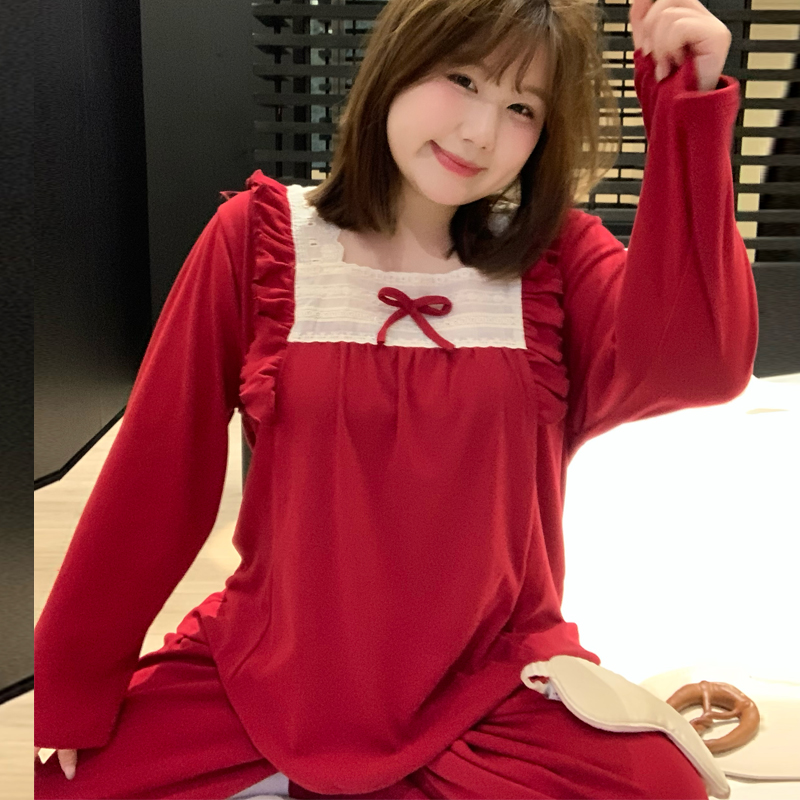 冬季德绒红色喜庆大码睡衣女套装胖MM加肥加大保暖休闲甜美家居服