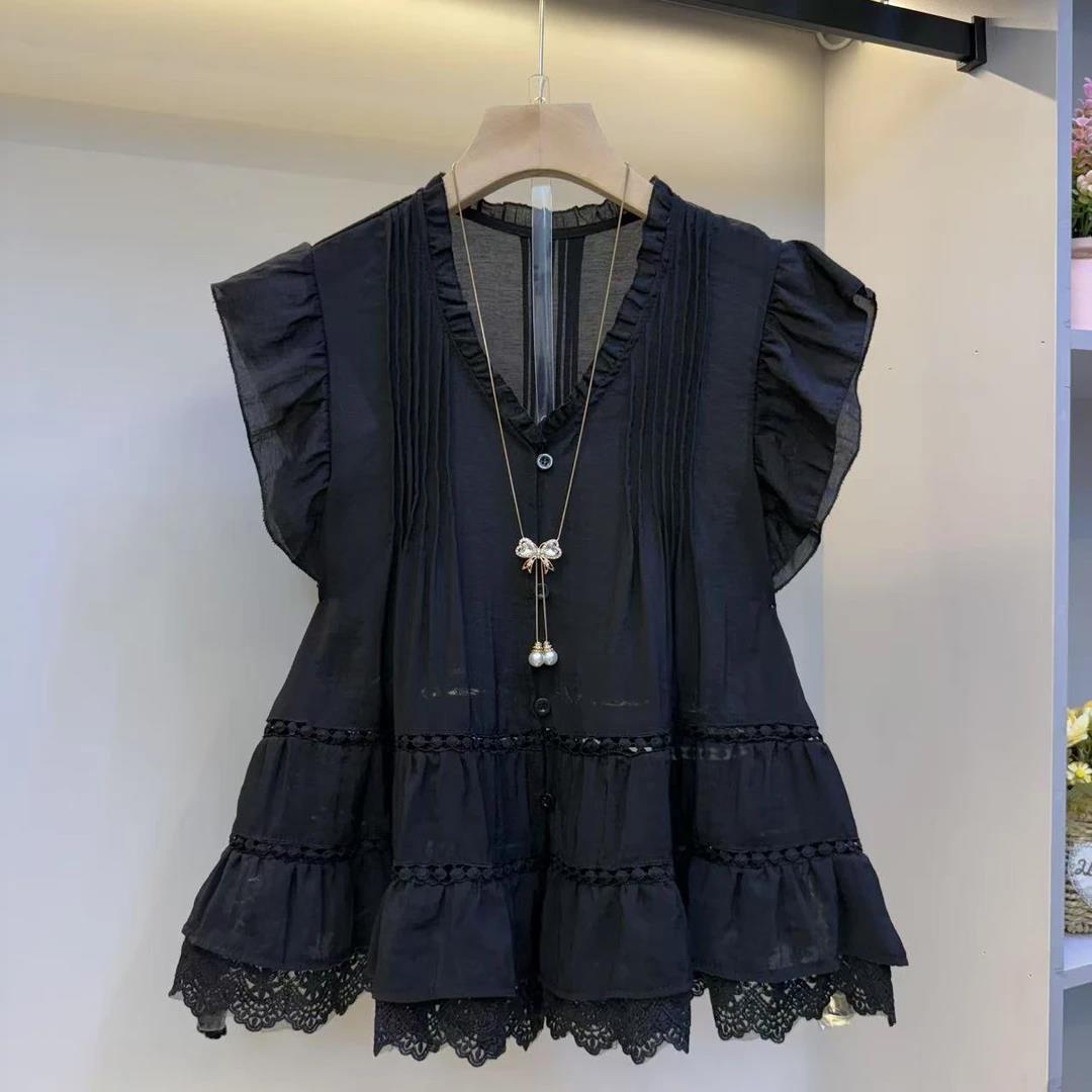 哥弟阿玛施正品大码女装2025年新款夏季欧货木耳边拼蕾丝V领短袖