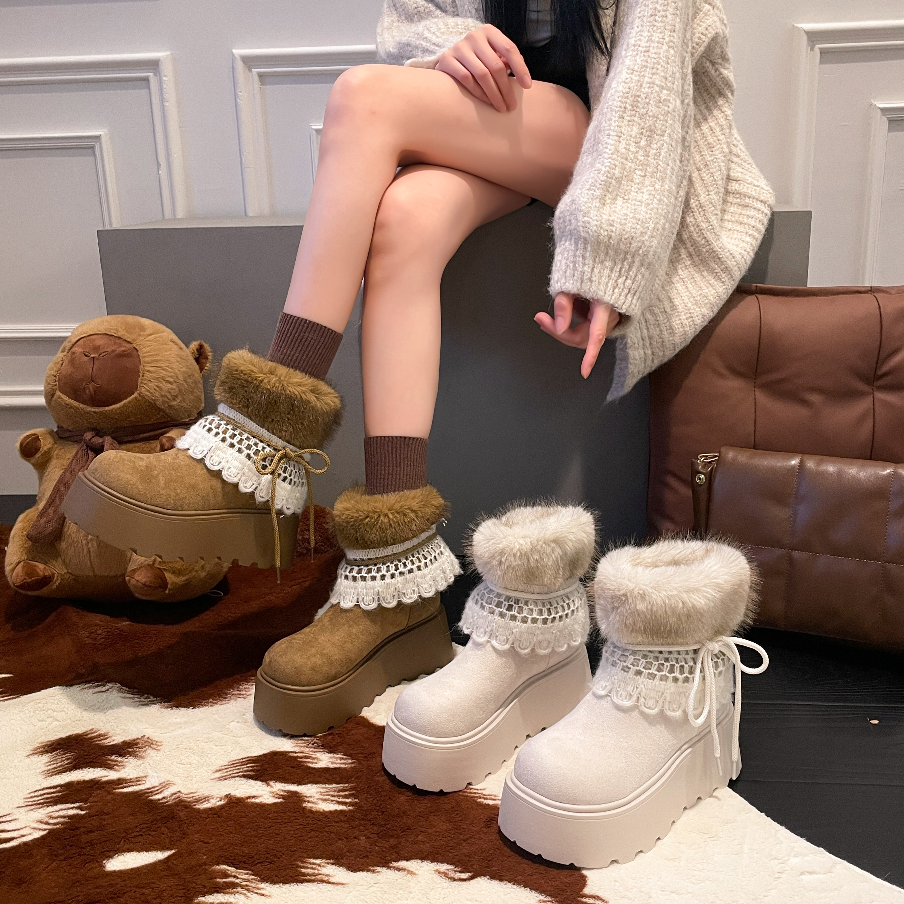 贾不假复古风加绒保暖棉鞋女款2025新款秋冬季洋气百搭厚底雪地靴