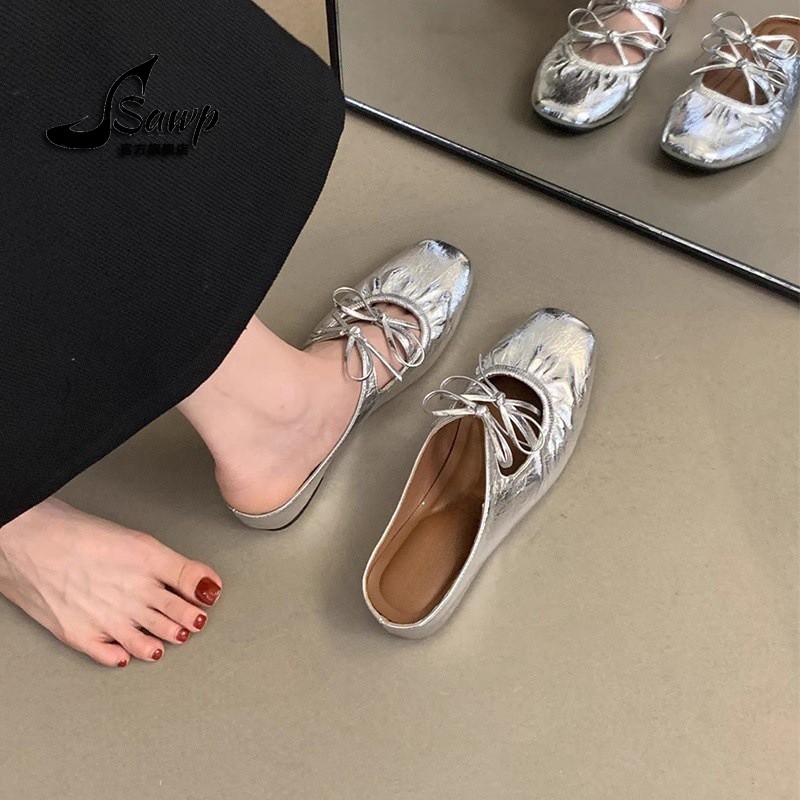 内包头半拖鞋女夏季外穿银色凉拖法式气质仙女风坡跟厚底单鞋时尚