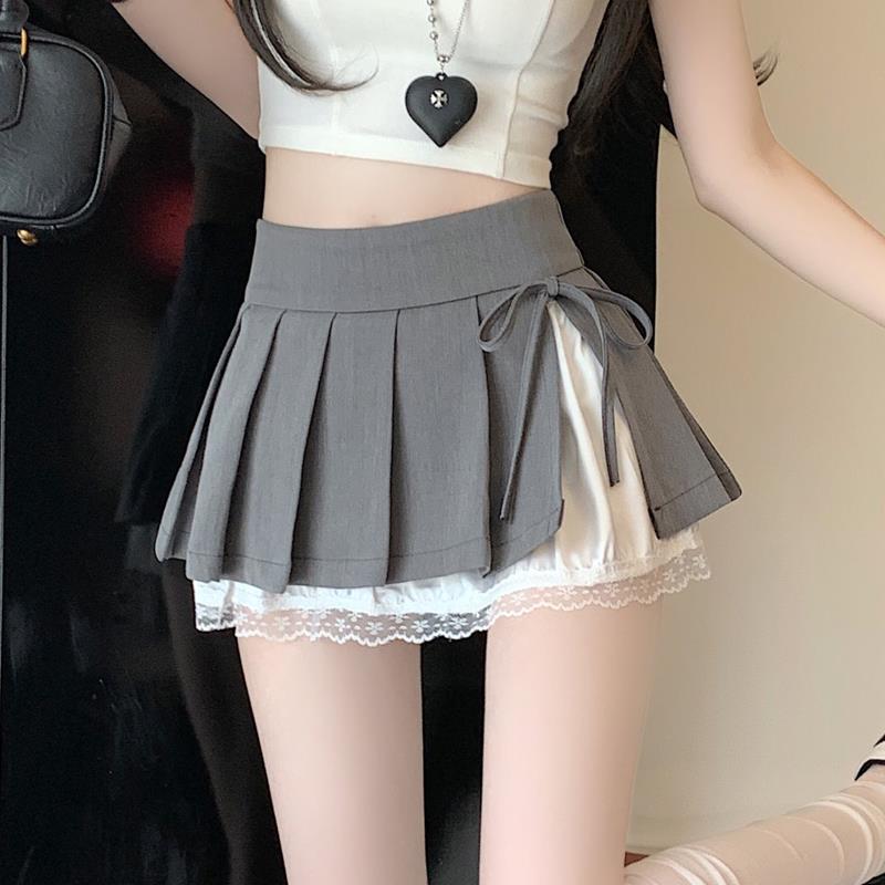 纯欲蕾丝拼接百褶裙女夏季高腰蝴蝶结开叉A字半身裙辣妹超短裙裤