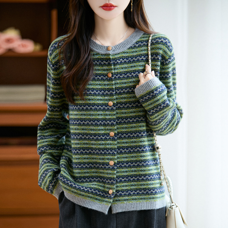 法式复古提花条纹针织开衫女短外套毛衣2025秋冬宽松显瘦女装上衣