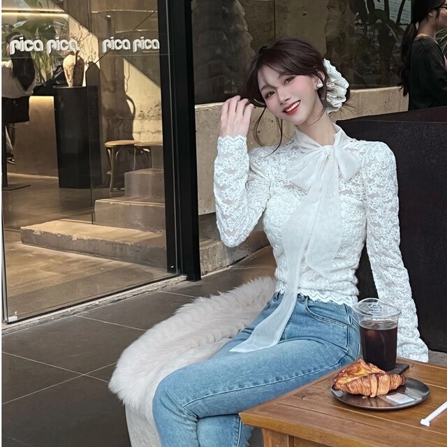 法式名媛气质甜美蝴蝶结系带长袖蕾丝衫女2025秋冬新款温柔风上衣