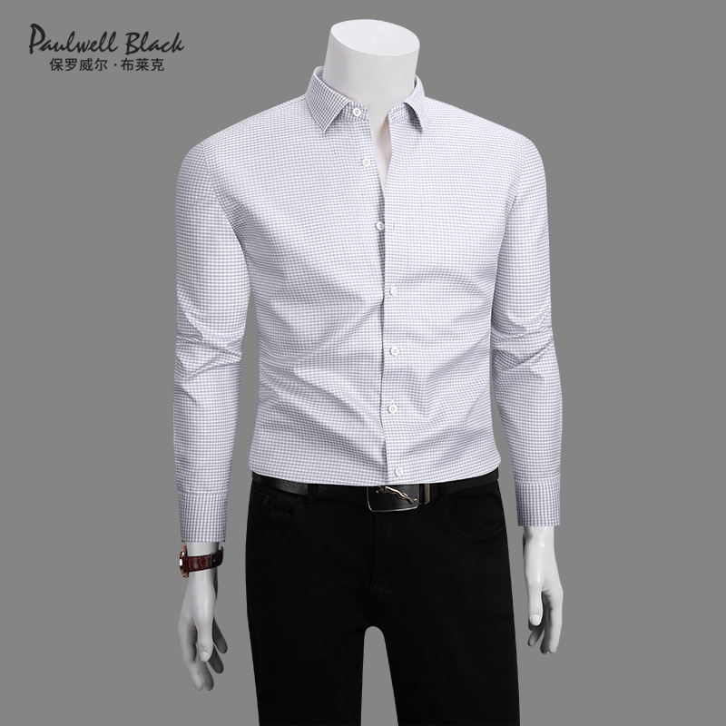 200支纯棉秋季衬衫男格子休闲透气免烫上衣修身灰色男士长袖衬衣