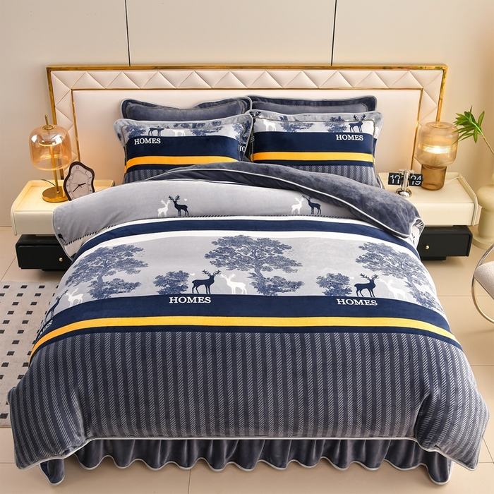 新款冬季加绒印花牛奶绒四件套被套防静电加厚四件套双面绒