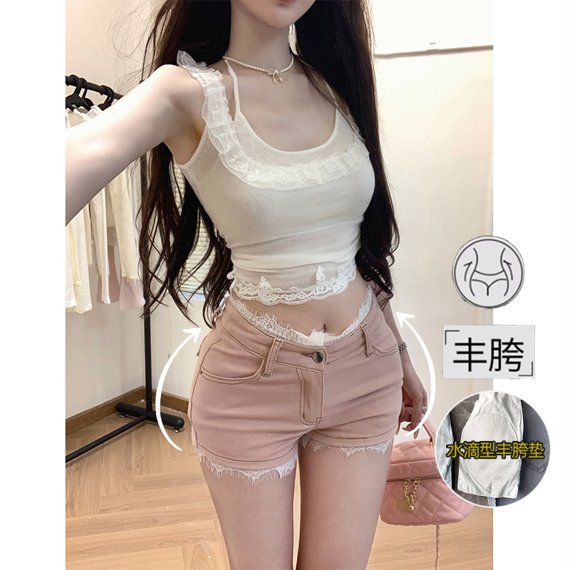V腰蕾丝花边丰胯牛仔短裤女2025冬季新款纯欲少女低腰显瘦热裤子