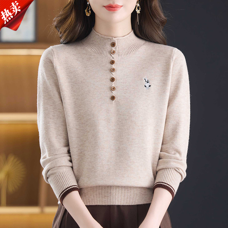 【原版正品】羊毛衫女半高领毛衣女秋冬新款宽松洋气减龄针织打底衫