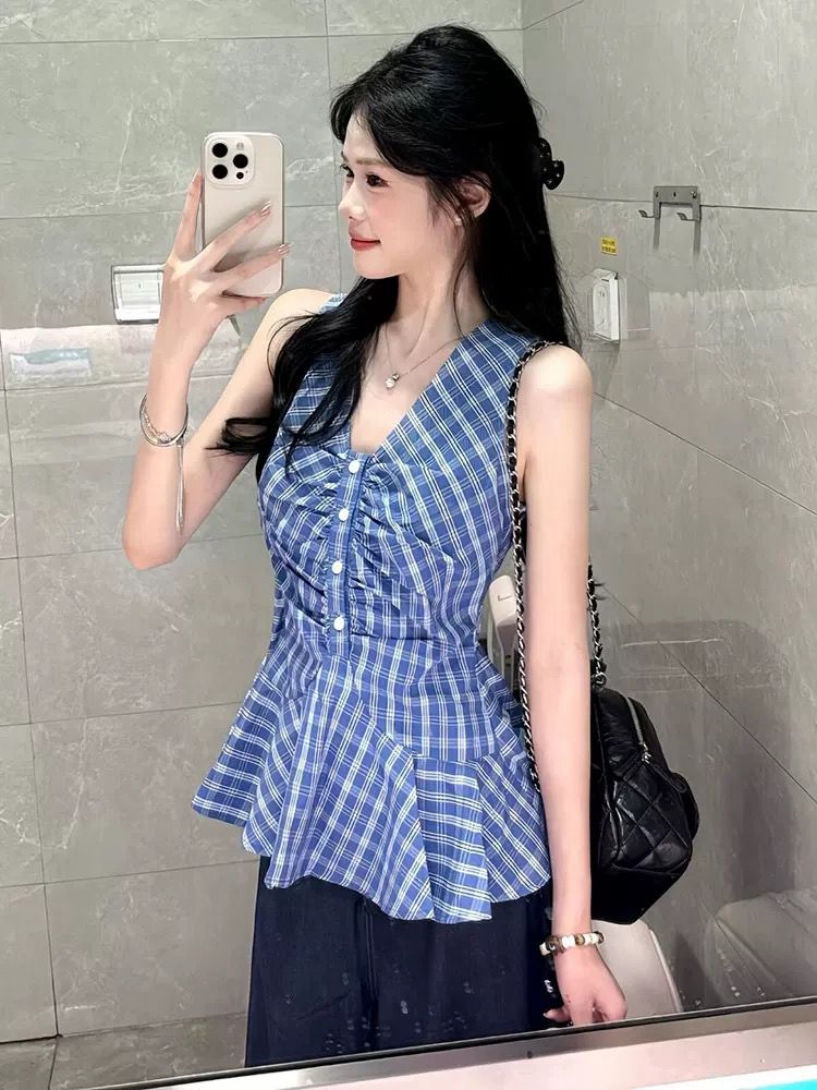 法式V领蓝色格子背心女2025夏季新款纯欲风辣妹无袖吊带上衣