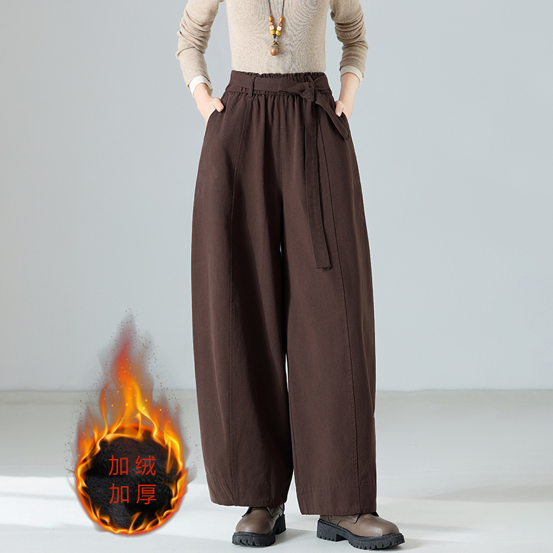 正品高级山本纯棉阔腿气球裤女秋冬新款时尚宽松加绒弯刀休闲裤子