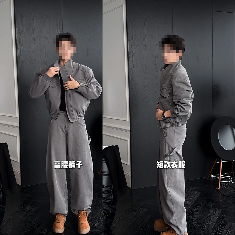 龙刀刀秋季上新潮流复古工装设计感百搭立领夹克宽松阔腿长裤套装