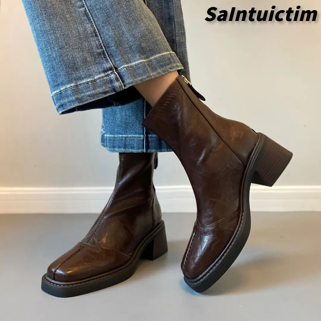 SAINTUICTIM静音底复古高跟短靴方头小众新款粗跟弹力瘦瘦靴