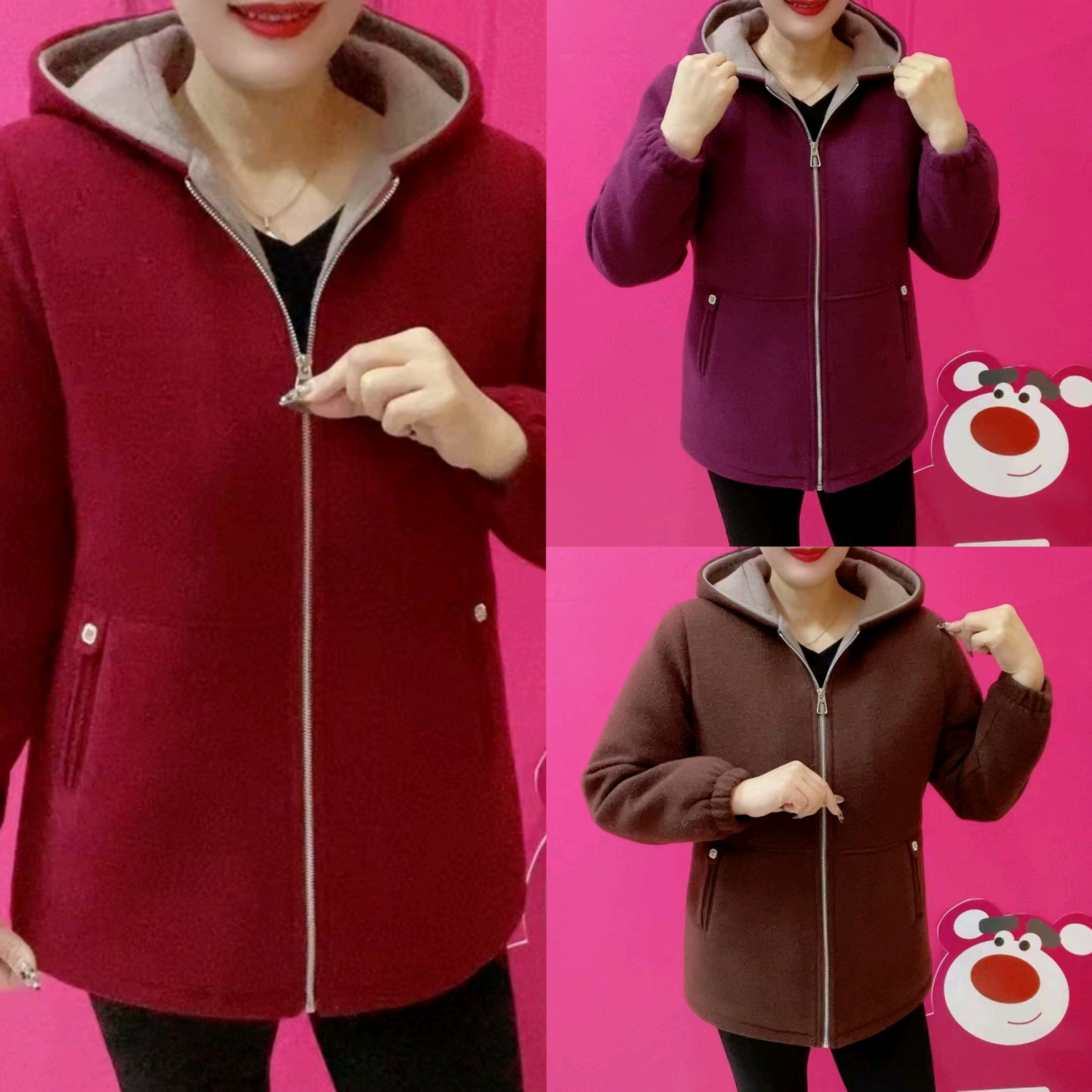 中老年女士连帽加绒加厚毛呢保暖时尚大码妈妈外套