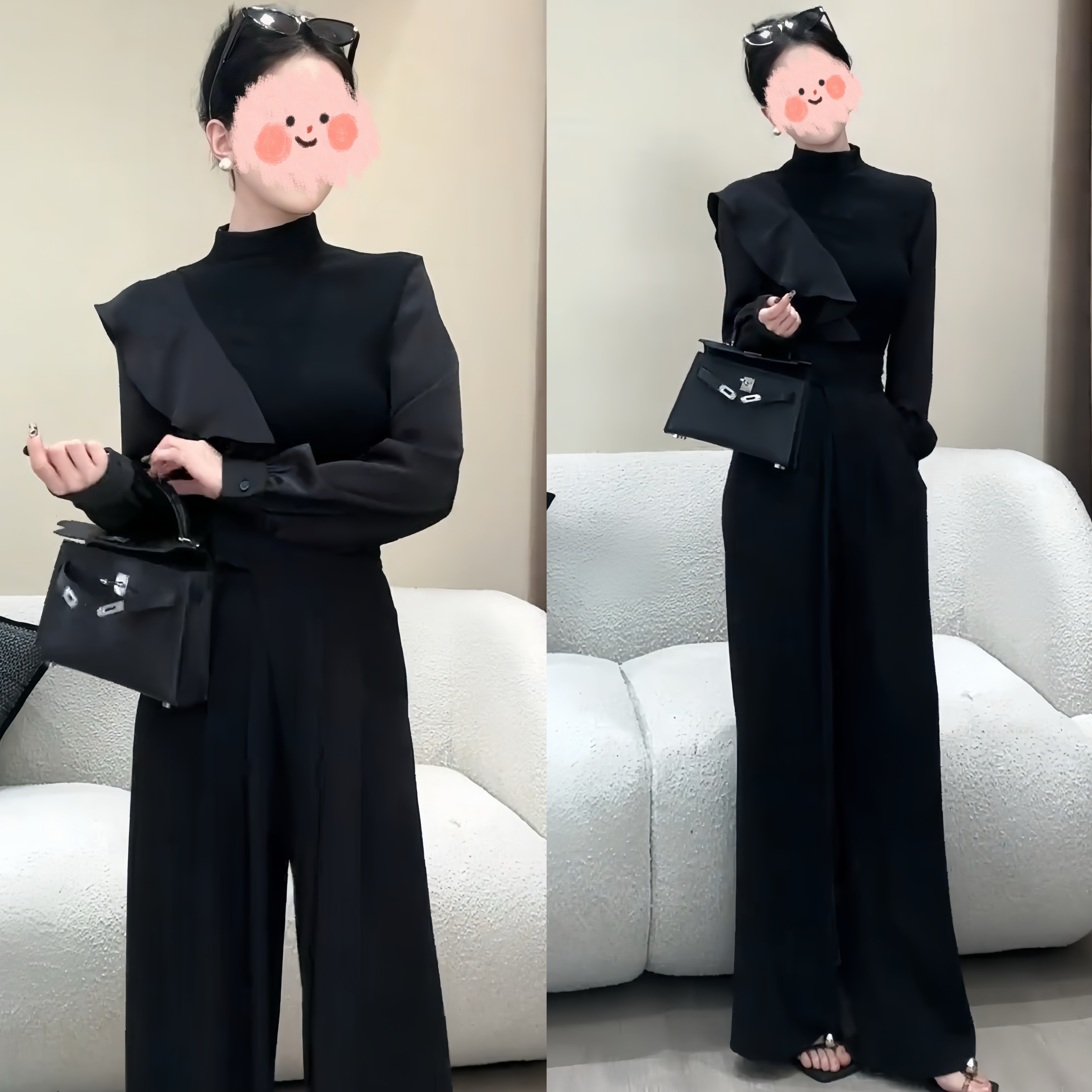 2025秋冬时尚半高领长袖T恤修身显瘦上衣百搭高腰西装裤气质套装