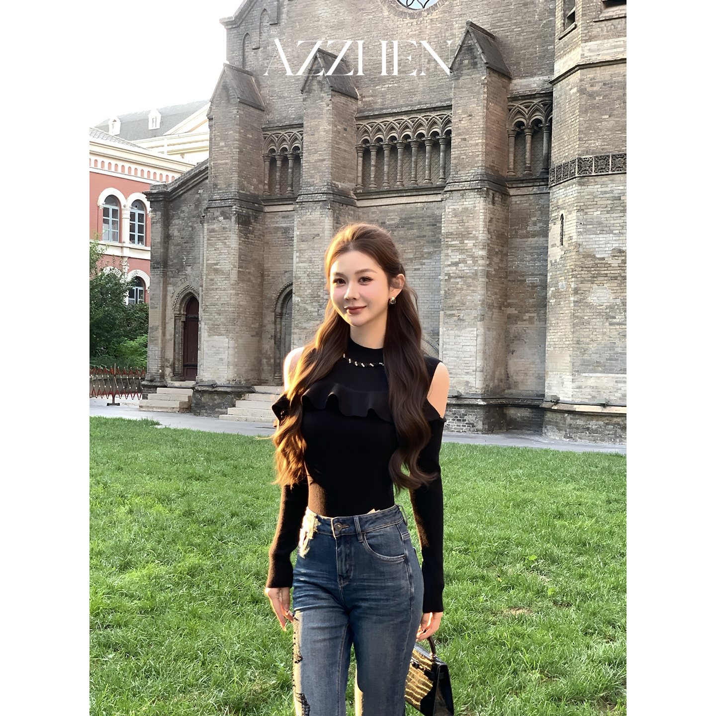 AZZHEN一周年10/18-10/20【柔肩絮语】荷叶边针织显瘦修身上衣打底