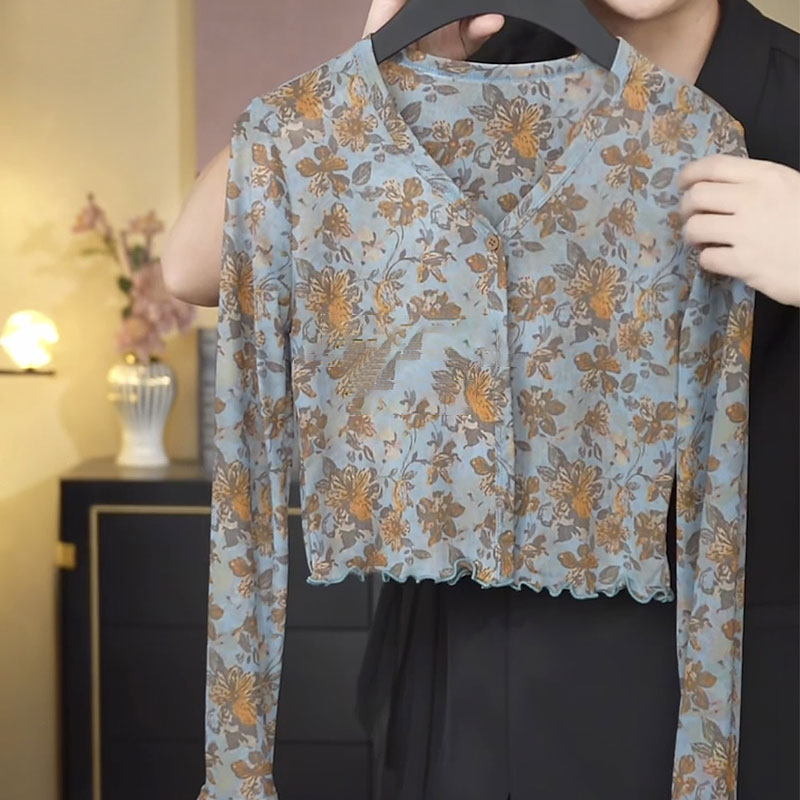 2025【繁花若璃】短款夏季高级感新款印花开衫女木耳边喇叭袖上衣