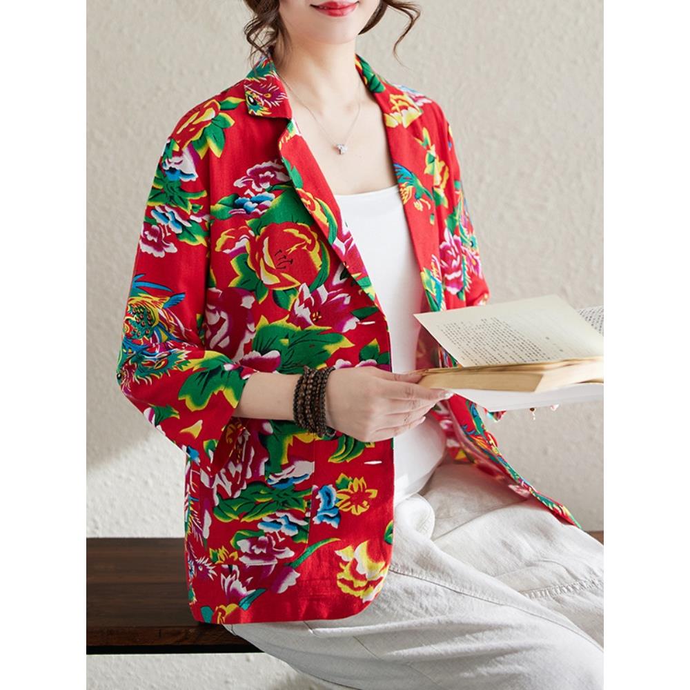 东北大花棉麻女春夏小西装夹克民族风覆古宽松优雅修身三分袖套装