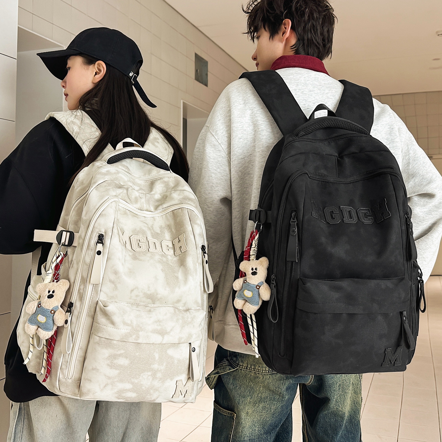 书包女生初中生韩版个性暗纹双肩包男生高中大学生休闲旅行包背包