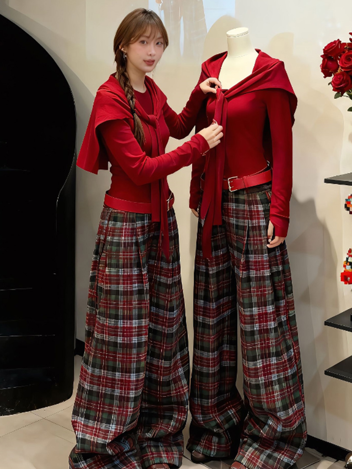 【当日发货】氛围感套装2025秋冬新款气质披肩圆领长袖上衣格子裤女