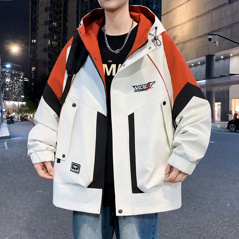 工装连帽外套男春秋款潮牌宽松拼色冲锋夹克青少年帅气休闲上衣服