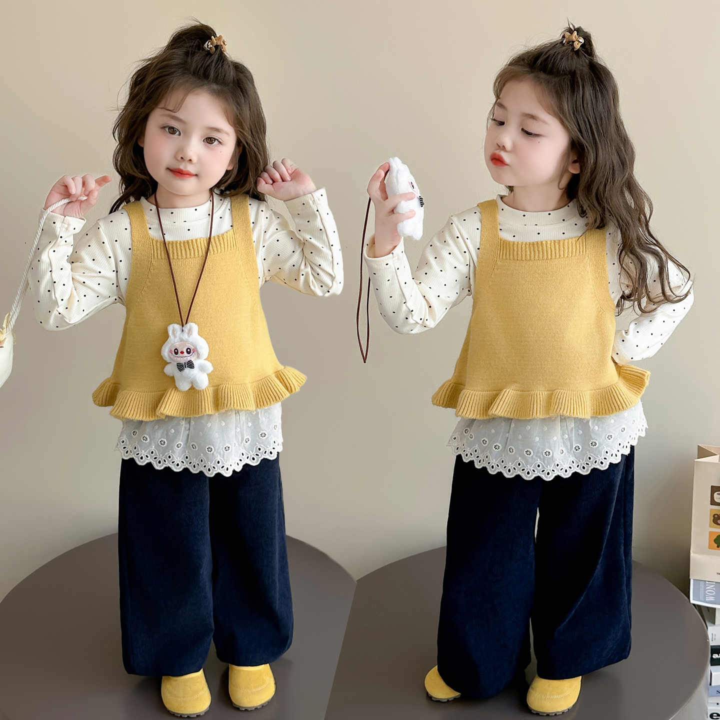 女童秋季韩版套装2025背心新款宝宝洋气针织打底儿童三件套