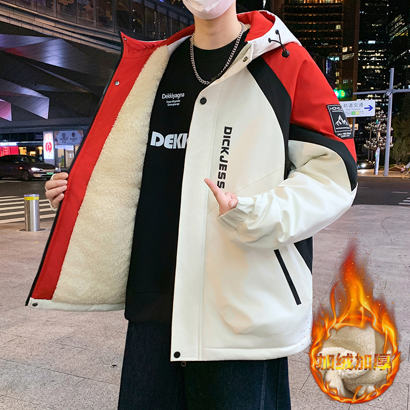 加绒加厚外套男生秋冬季青少年帅气潮流宽松保暖抗寒连帽夹克男