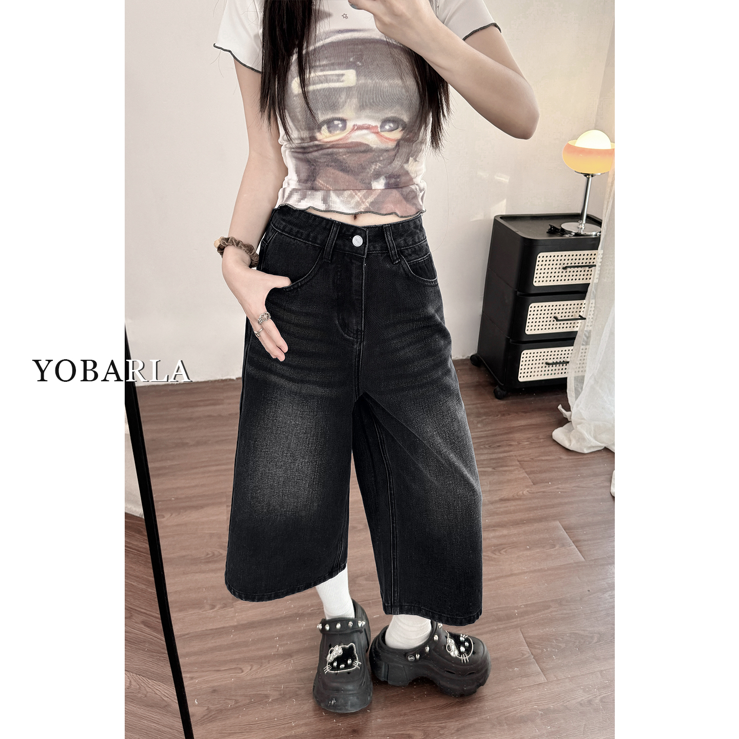 黑色直筒牛仔七分裤女秋冬新款大码胖mm梨型身材显瘦宽松阔腿裤子