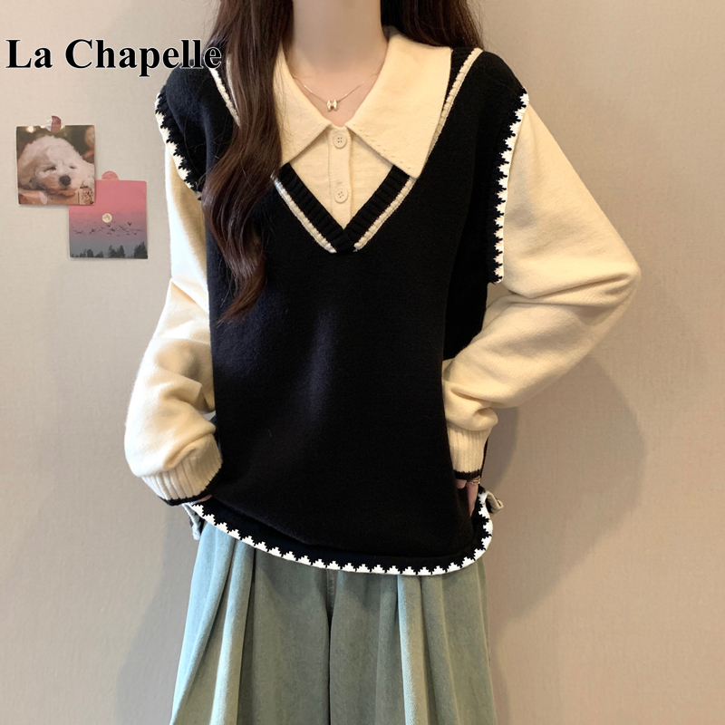 拉夏贝尔大码假两件撞色翻领长袖针织衫女秋冬胖mm宽松打底毛衣