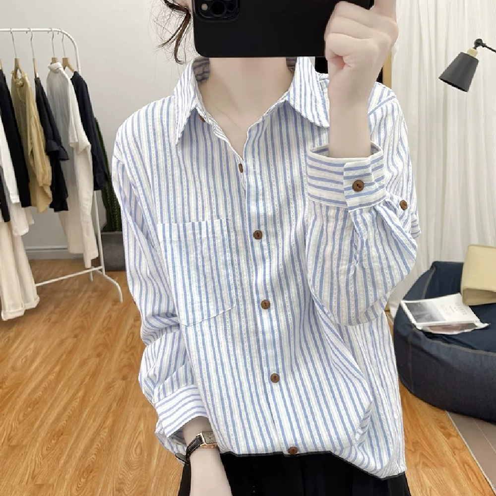 韩版简约复古条纹衬衫早秋新款宽松Polo领纯棉纽扣设计感减龄上衣