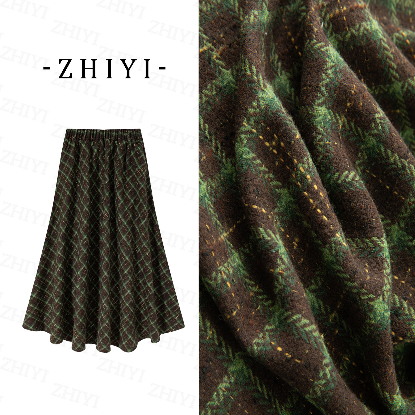【二个裙长+口袋】2025秋冬新绿色羊毛呢时尚毛呢格纹高腰大摆A字裙