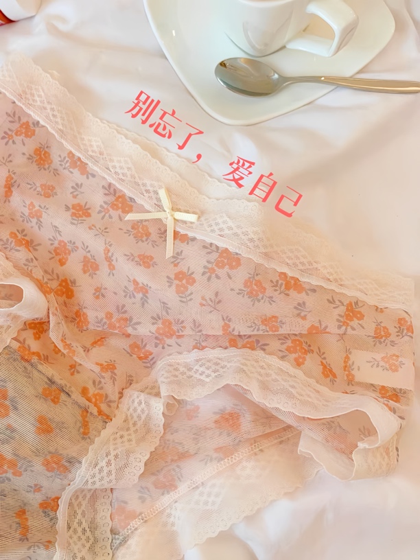 女士内裤女甜美网纱碎花中腰超薄无痕透气速干蕾丝边新款内裤女