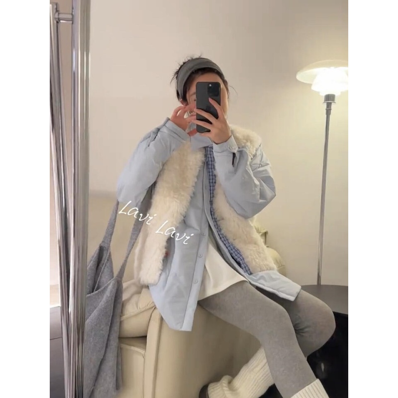 parkyeon温柔风毛绒绒软糯马甲外套叠穿加厚棉服紧身打底裤套装