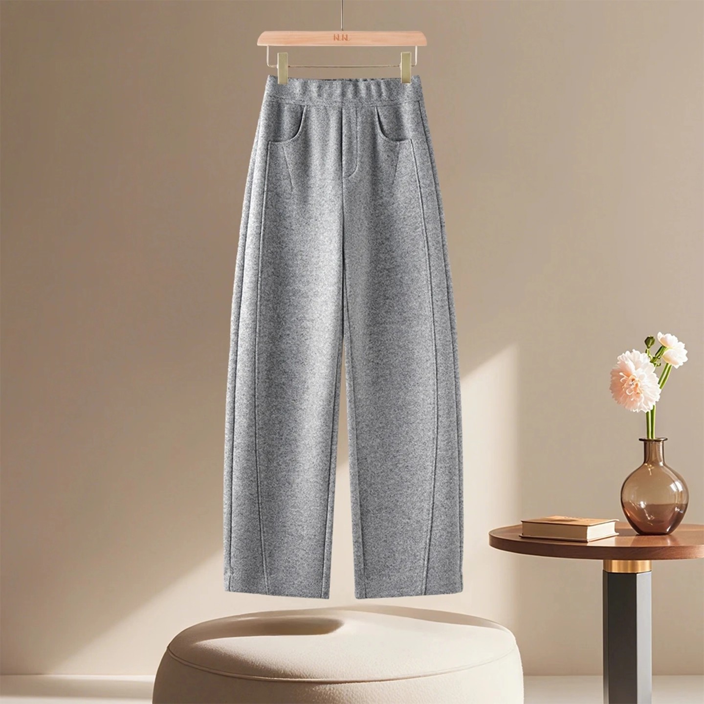 今年流行橘色绵羊毛混纺休闲直筒裤女2025冬季高腰垂感毛呢弯刀裤