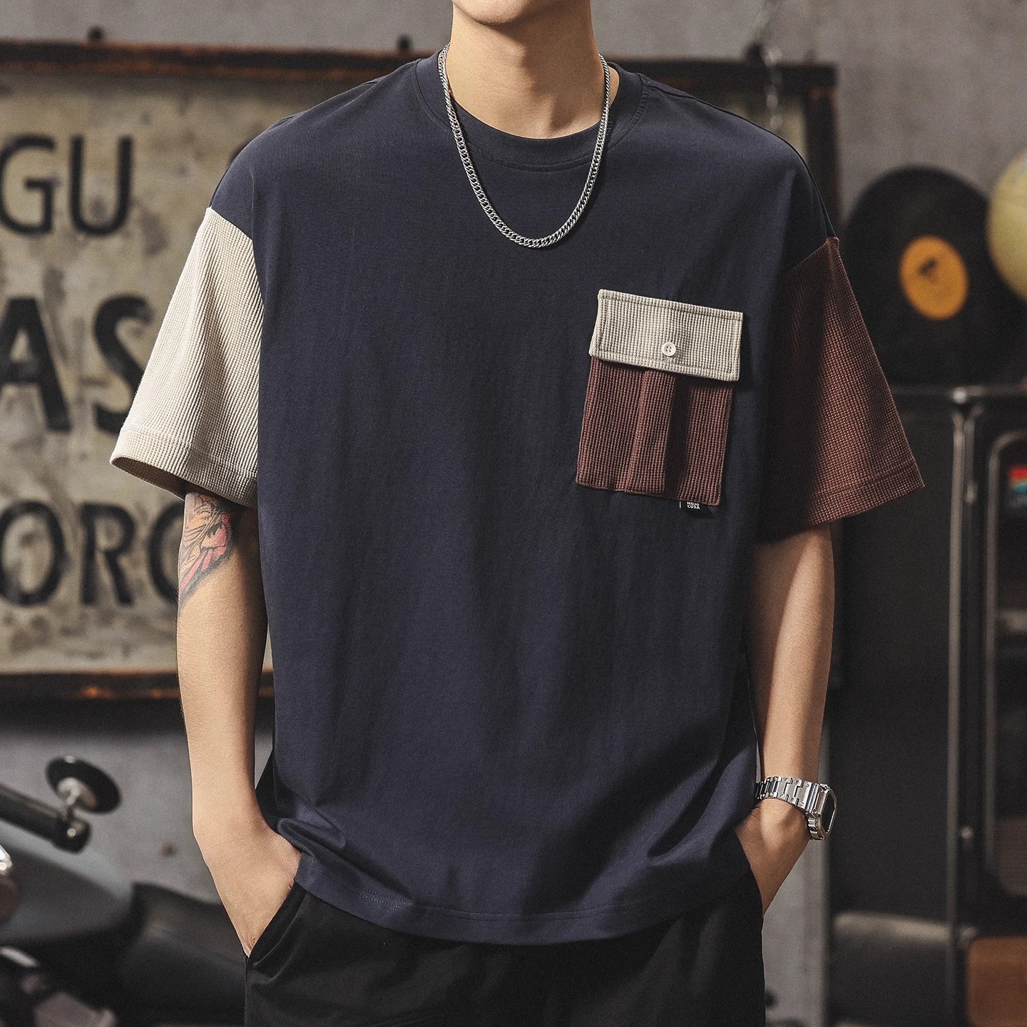 Moleubak 夏季纯棉拼色短袖t恤男士宽松潮牌美式复古休闲百搭圆领