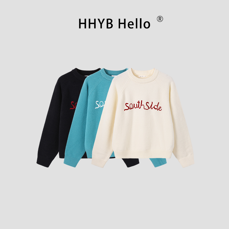 HHYB Hello绒感字母绣花毛衣女2025新款秋冬圆领套头卫衣M1355