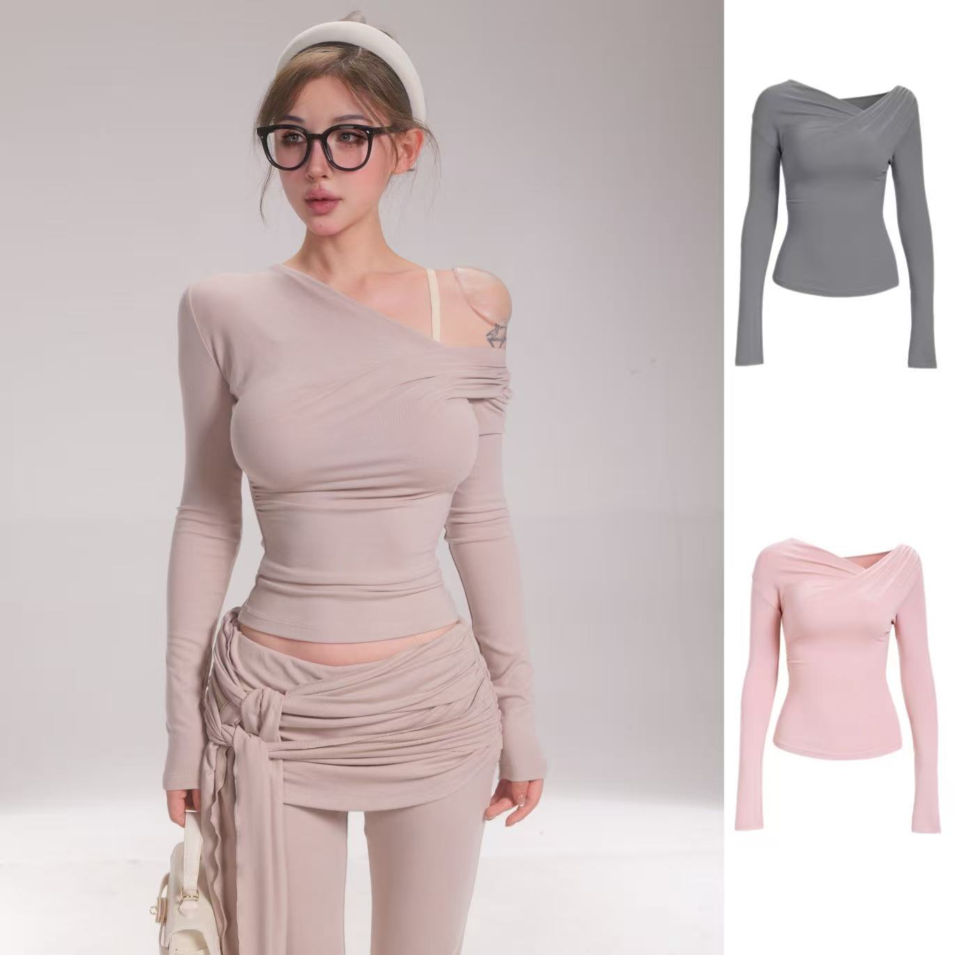 龙牙童推荐【春和景明】显瘦休闲T恤长袖时尚性感圆领修身设计师