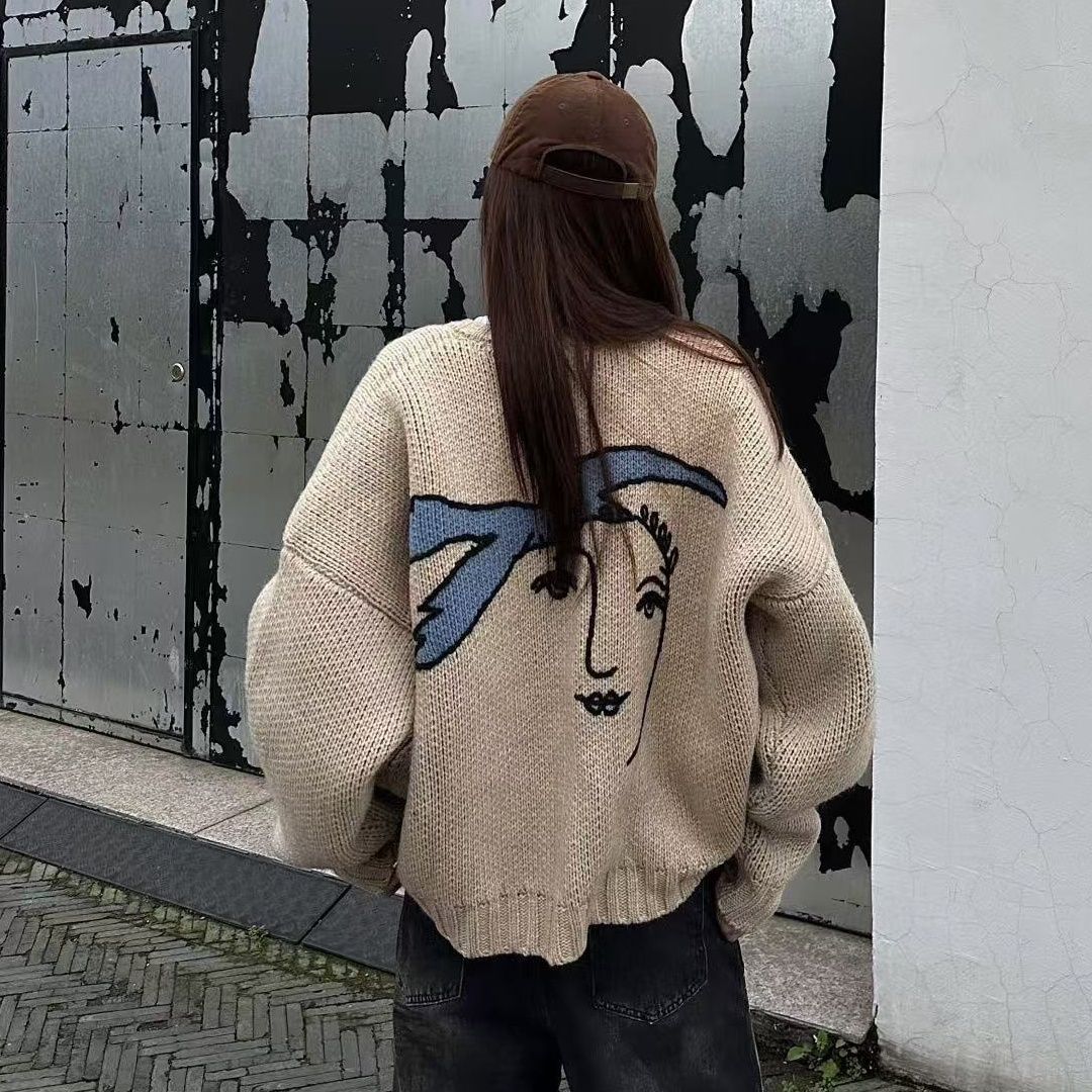 美式复古毛衣开衫女秋冬和平鸽提花针织衫oversize宽松慵懒风上衣