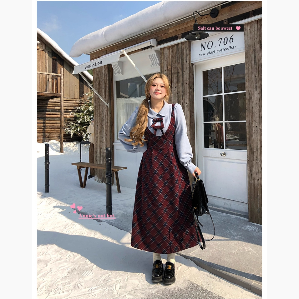 清清款 格纹假两件连衣裙秋冬娃娃领胖MM大码长袖收腰裙子