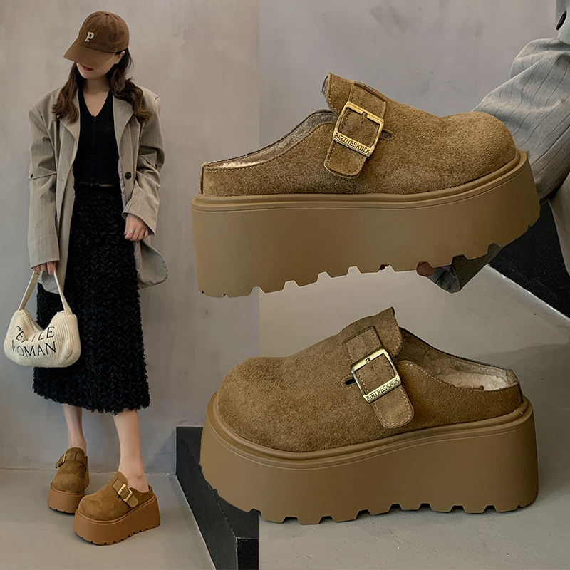 增高7CM 加绒 包头半拖鞋女外穿2025新款春夏季一脚蹬懒人勃肯鞋