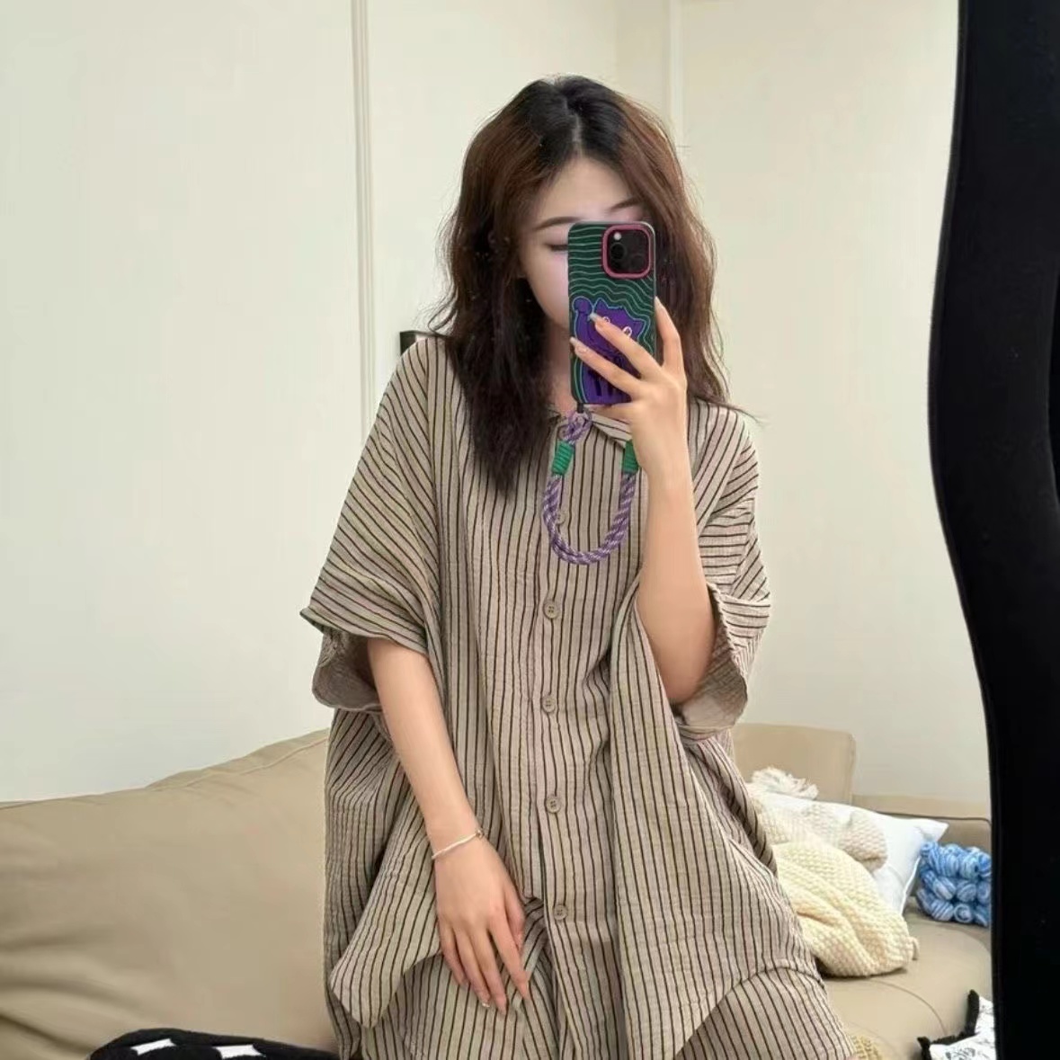 胖mm大码睡衣女夏季韩版休闲条纹开衫五分袖家居服宽松可外穿套装