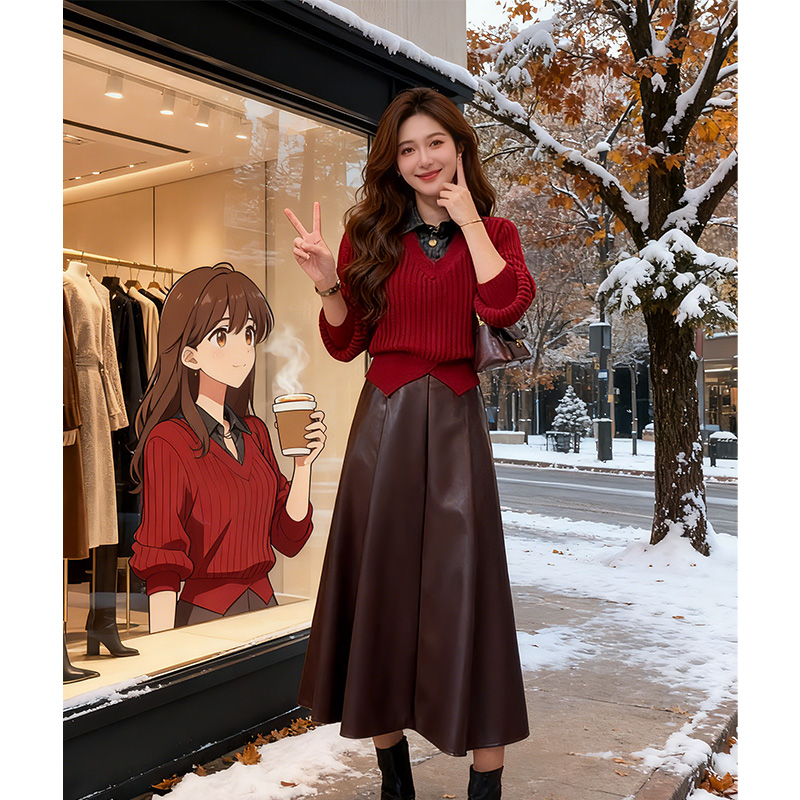复古风polo领拼接假两件针织衫女秋冬季新款红色毛衣皮裙两件套