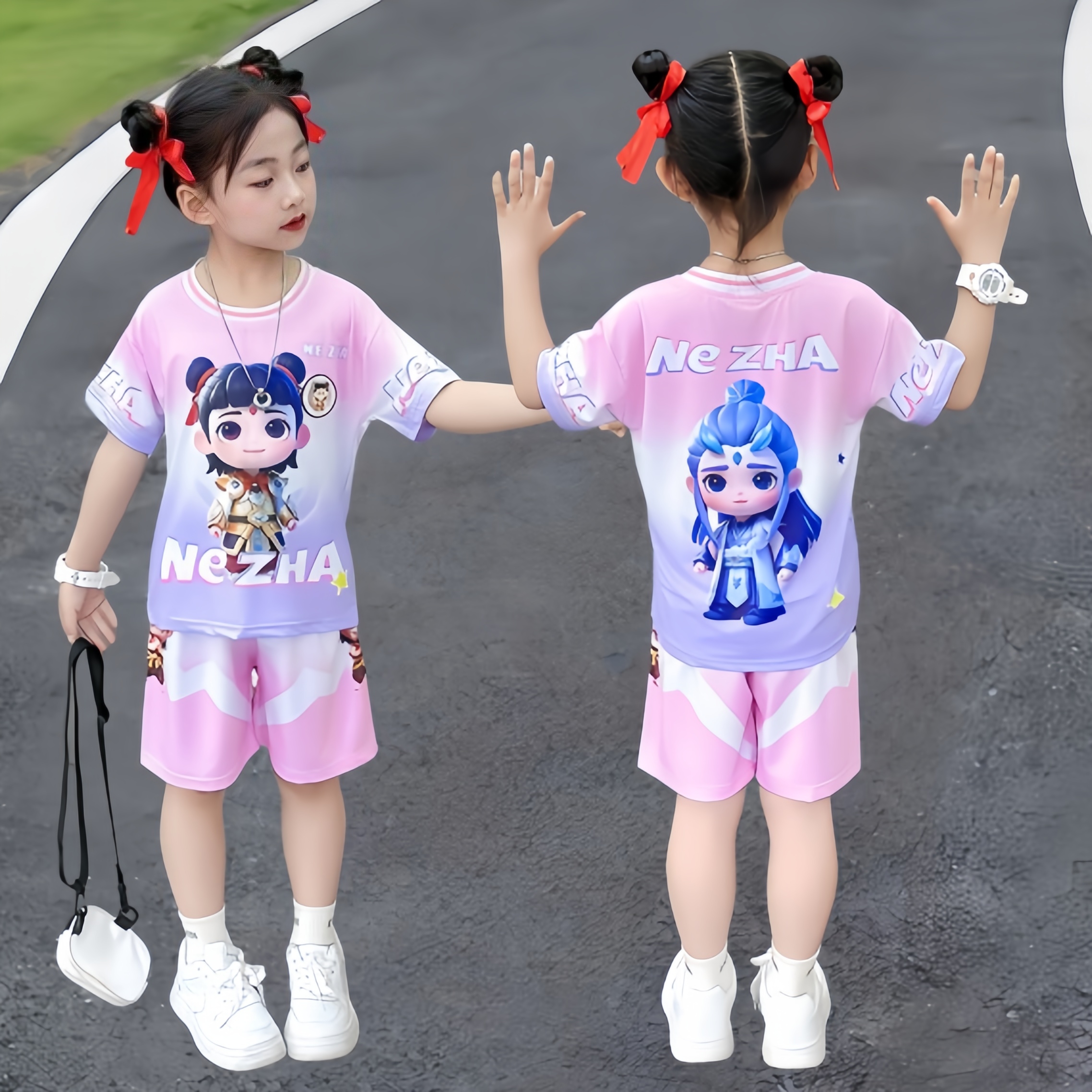 哪咤儿童服装女童夏季短袖套装2025新款宝宝小女孩哪吒短裤两件套