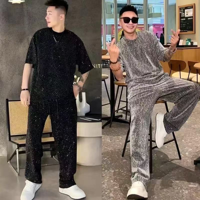 夏天新款满天星亮套装男士两件套潮流百搭圆领显瘦半袖直筒长裤子