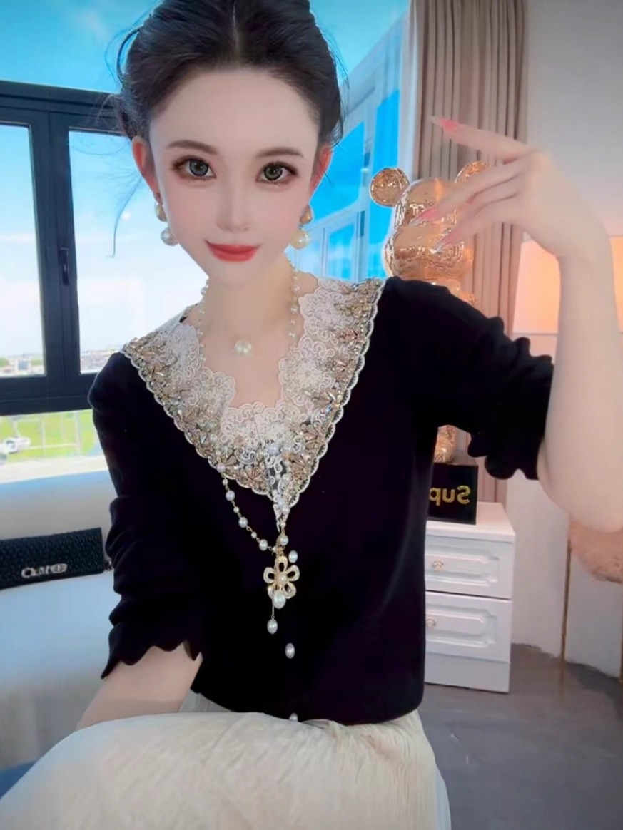 欧货秋季新款重工V领蕾丝镂空显瘦针织衫女洋气轻熟长袖上衣毛衣