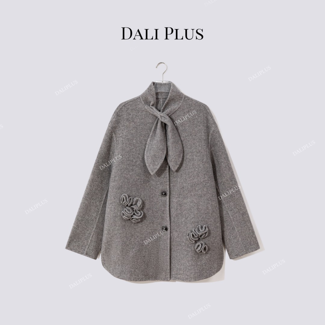 DALI PLUS“灰叠”桑蚕丝兔毛羊毛双面呢兔耳朵斜纹大衣-D5CK2117