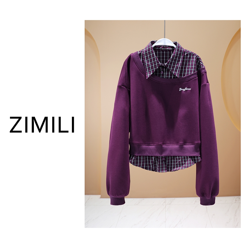 【亮哥欧货女装】冬季加厚《葡萄紫》拼接衬衫亲肤超柔卫衣26596