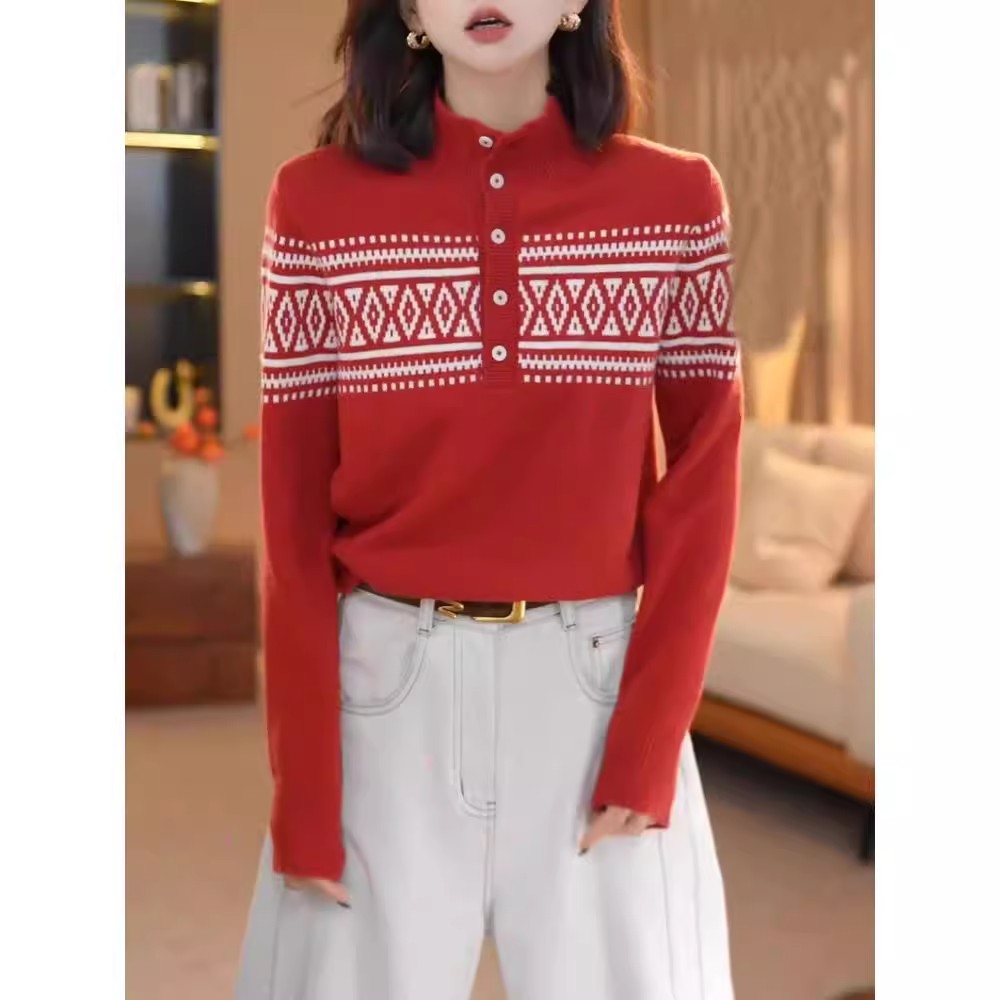 复古撞色提花立领长袖针织衫女秋冬新款气质百搭套头毛衣显瘦上衣