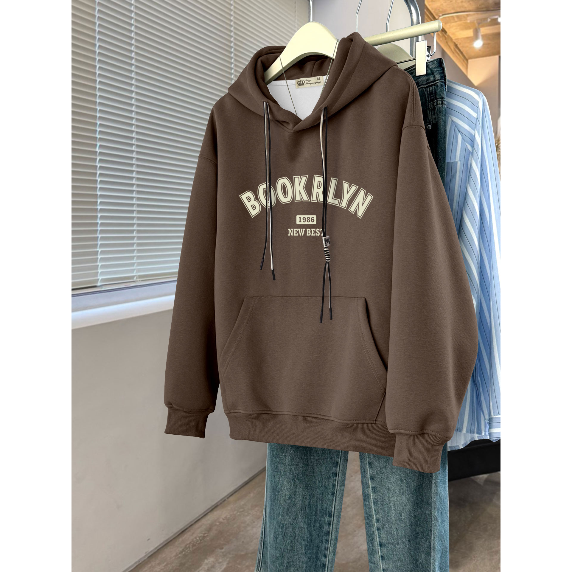 美式大版咖色连帽卫衣女加绒2025新款春秋冬季高级感字母上衣外套