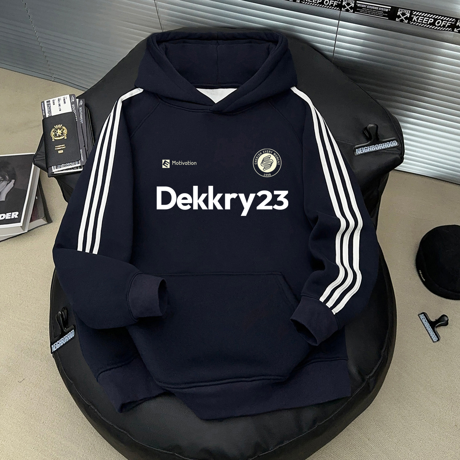 美式潮牌英文印花连帽加绒上衣秋冬三条杠男女情侣藏青色休闲卫衣