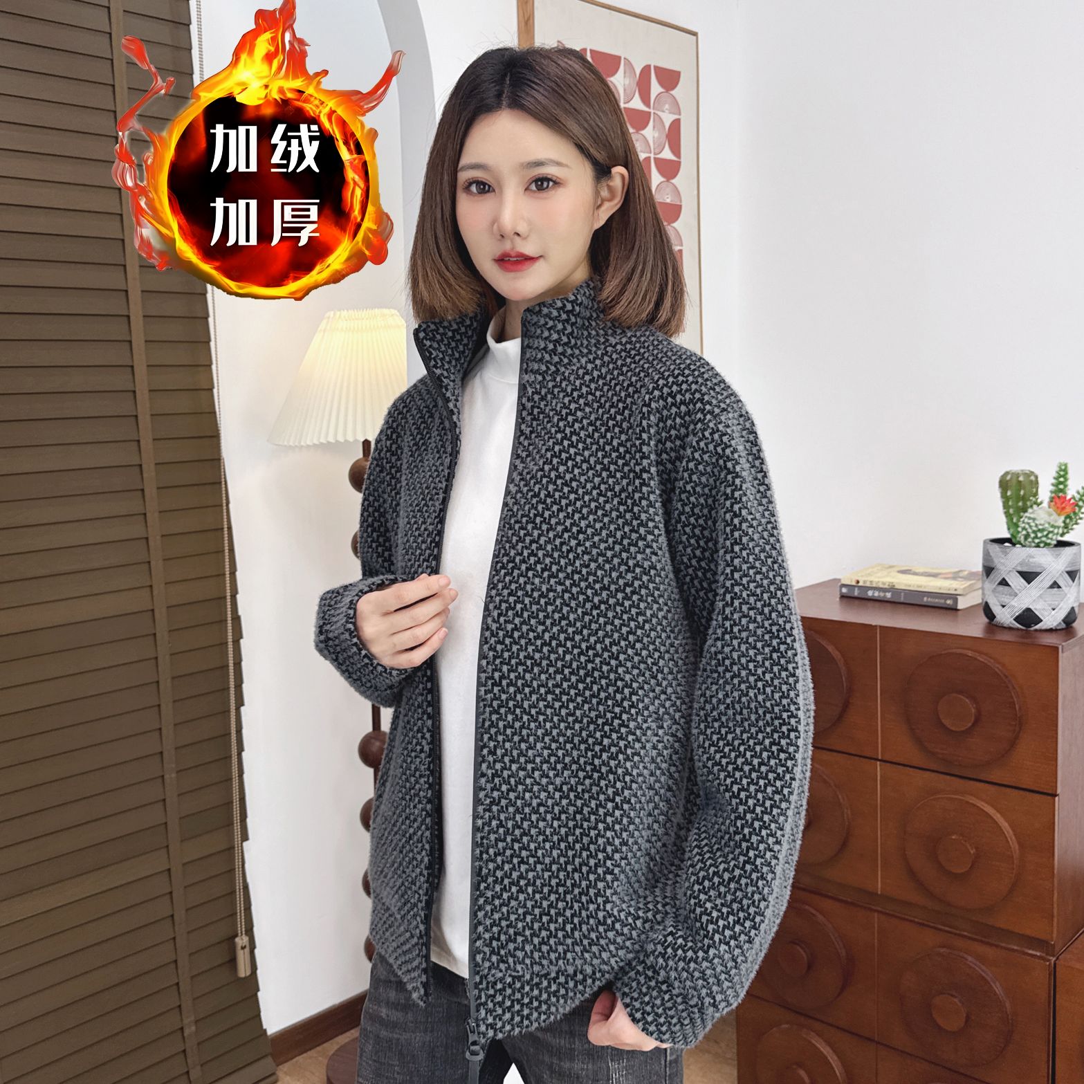 冬季时尚轻奢帅气休闲免烫抗褶皱夹克外套加绒保暖加厚外套JH670